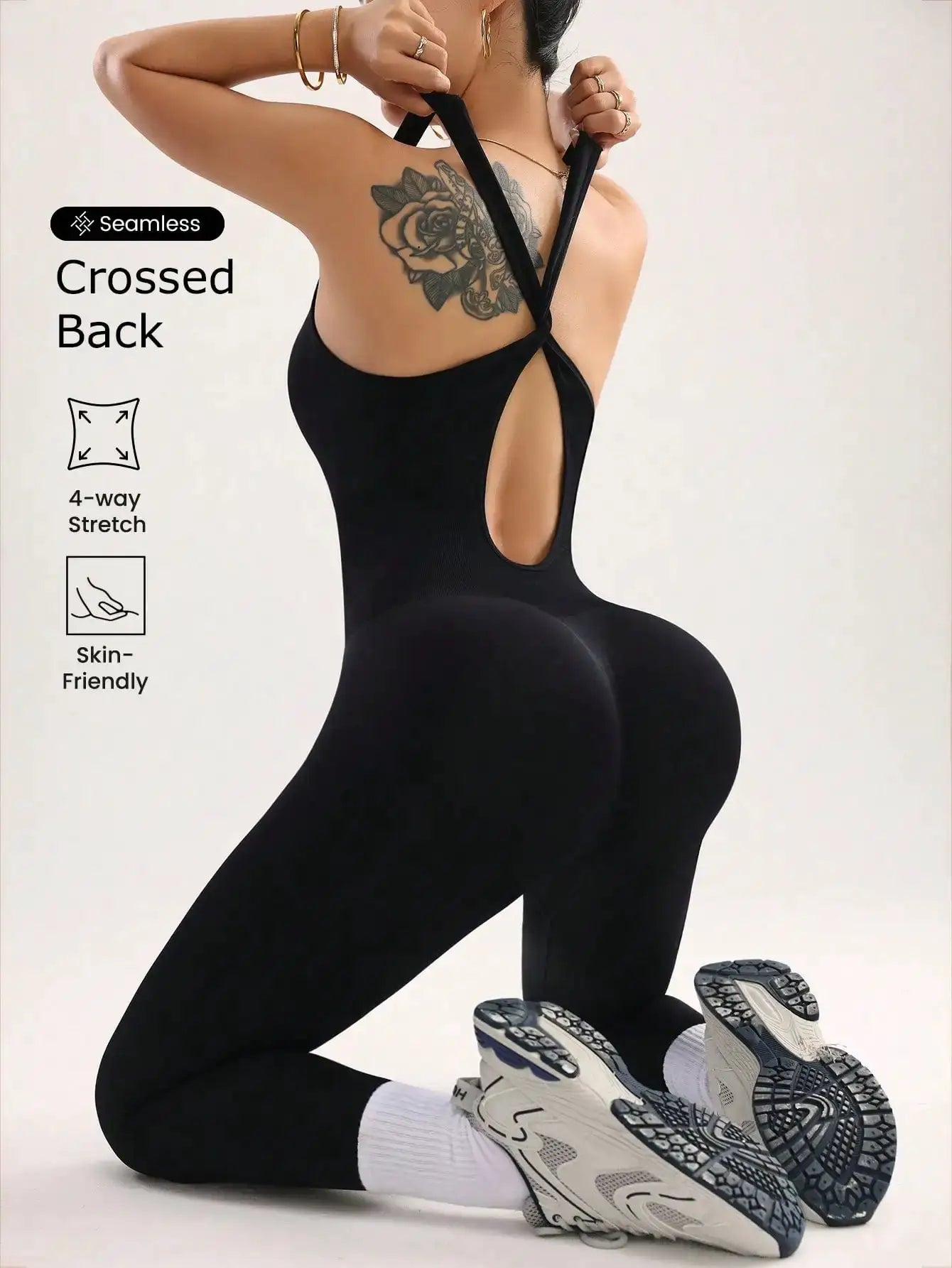 Women's seamless jumpsuit by Simples Market; black ribbed bodycon one-piece with crossed-back straps