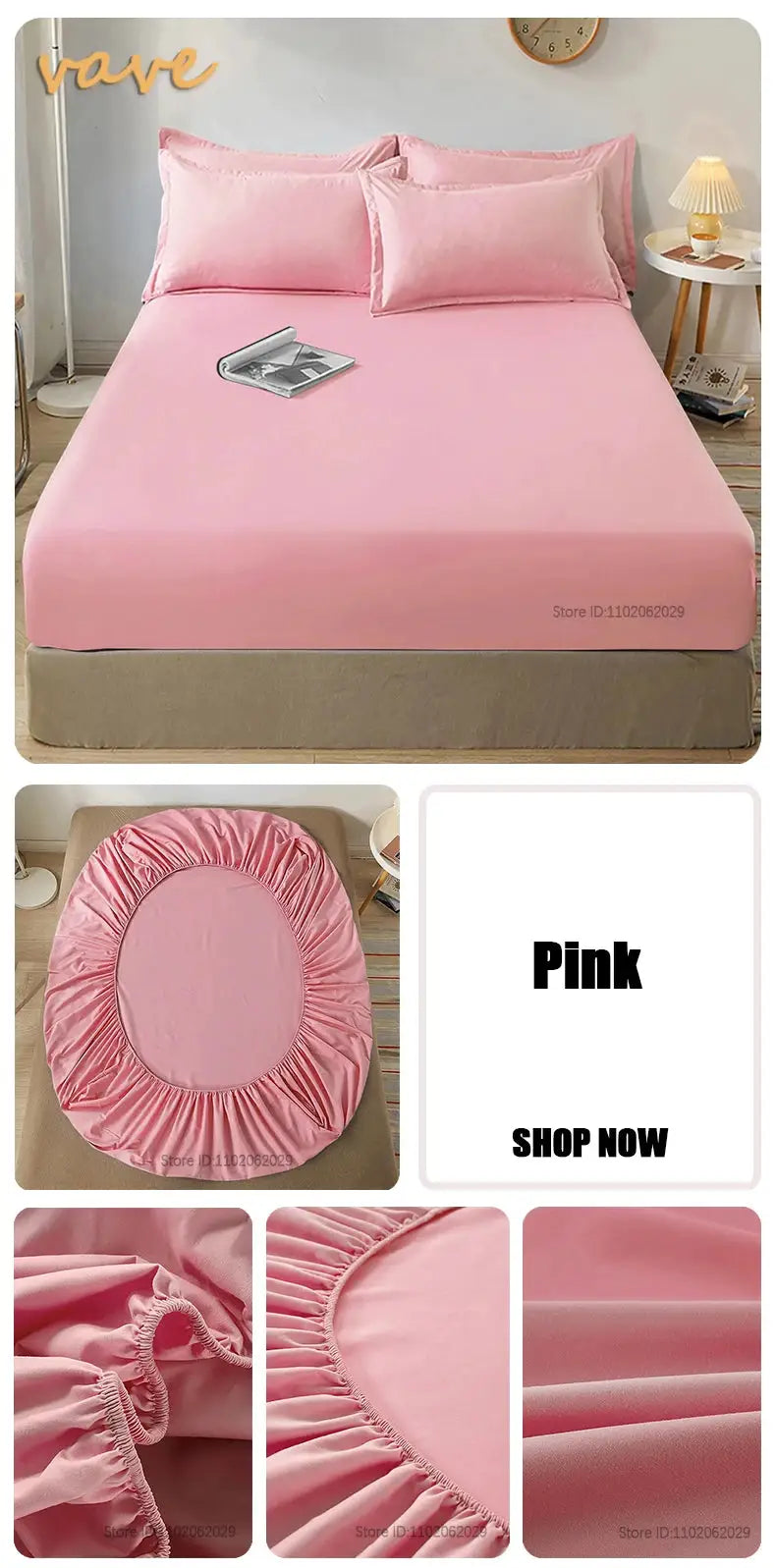 Pink cotton fitted sheet with elastic edges on a bed with two pink pillowcases