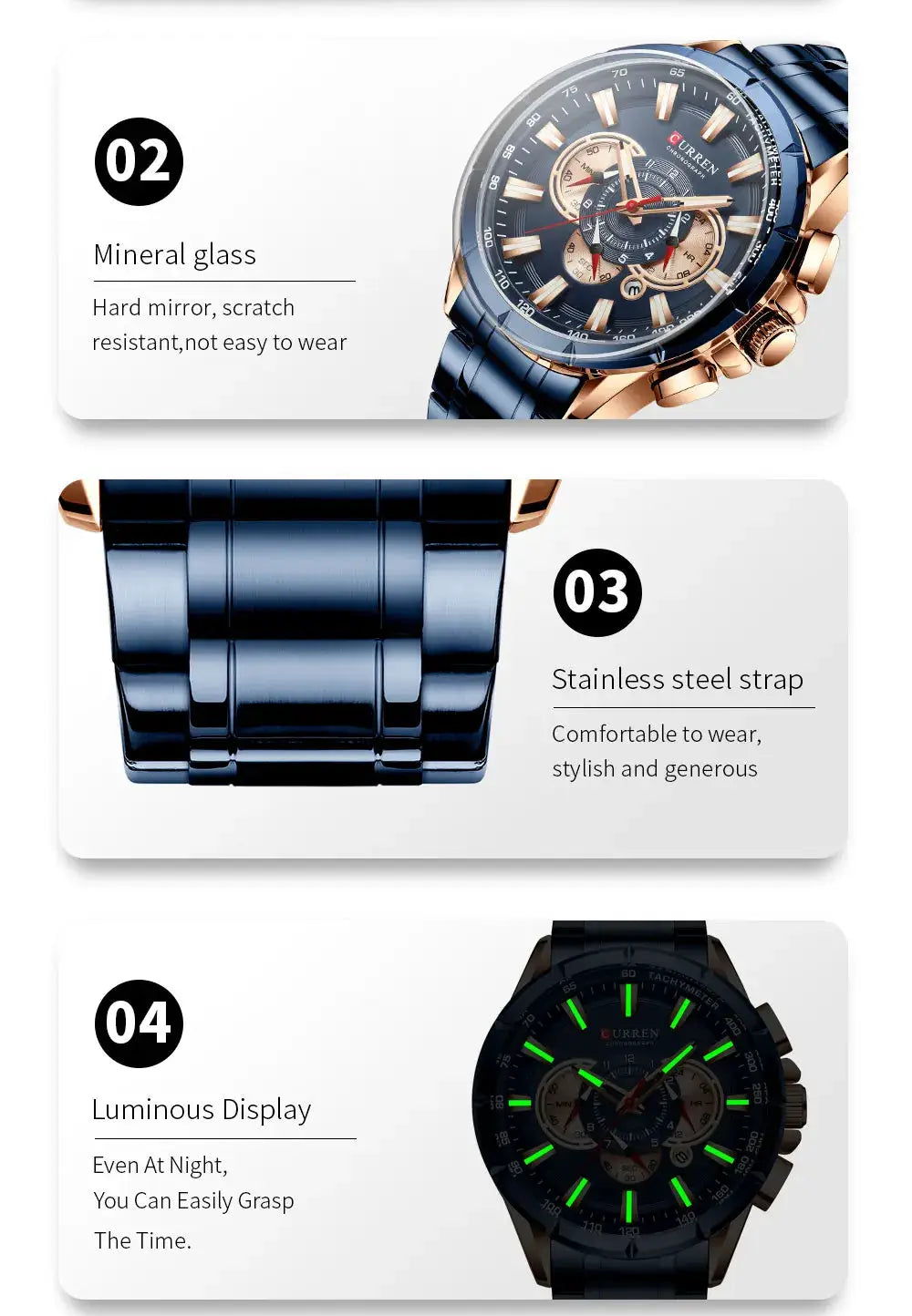 CURREN 8363 chronograph watch with stainless steel band, big dial, luminous hands