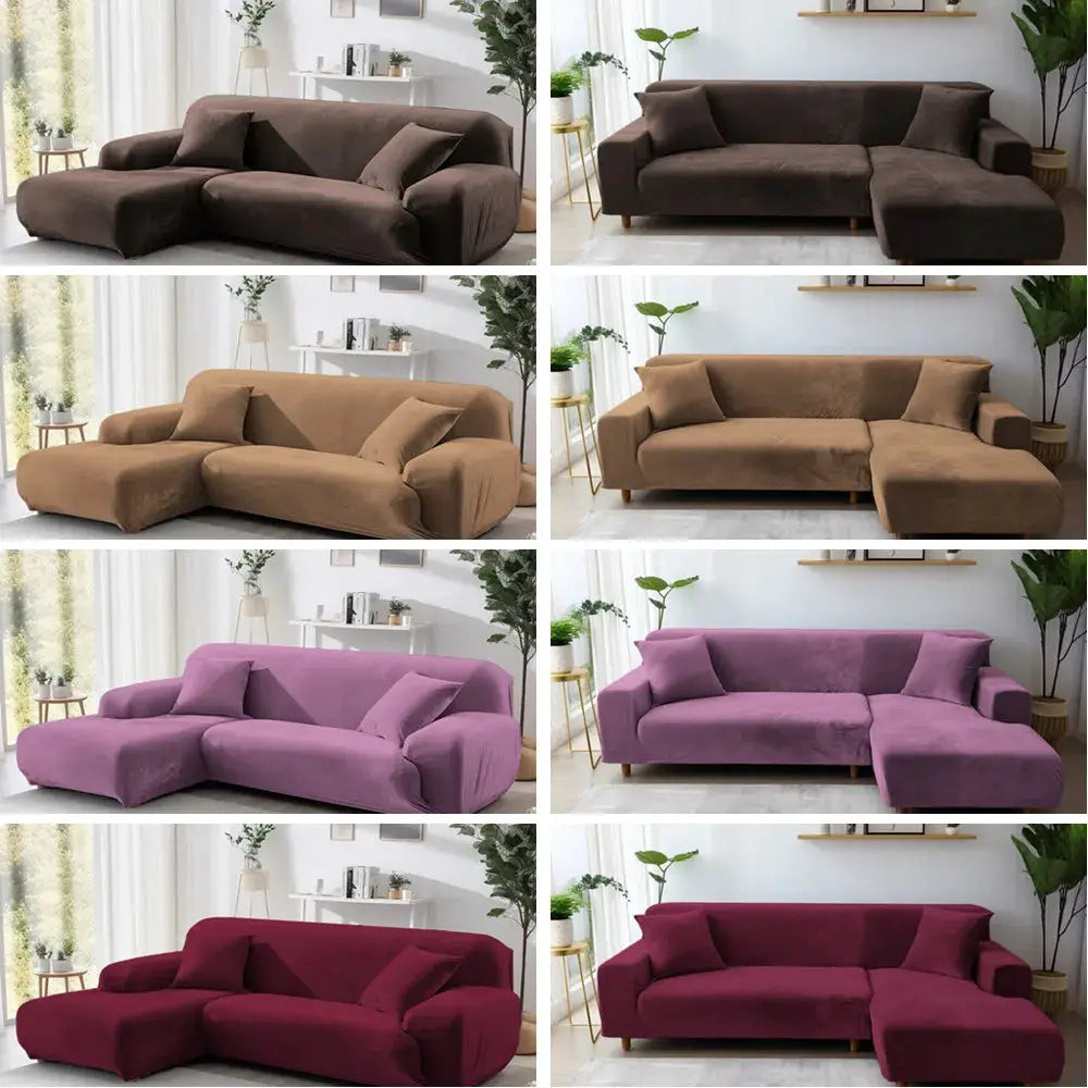 Simples Market velvet sofa cover; thick elastic stretch for 1–4 seater L-shaped sofas, available in 8 color options.