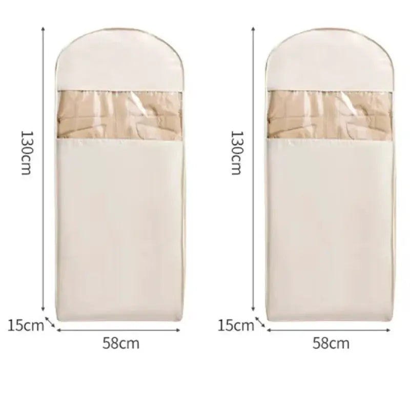 Two beige clothing compression wardrobe organizer bags for jackets, 130cm tall, 58cm wide