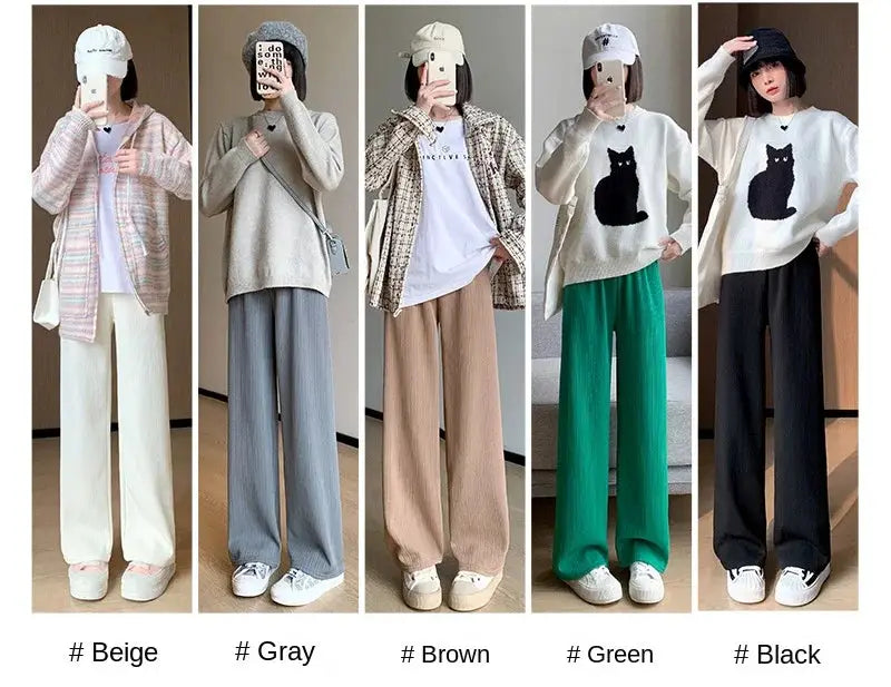 Thin summer wide-leg pants in five colors (beige gray brown green black) with elastic waist.