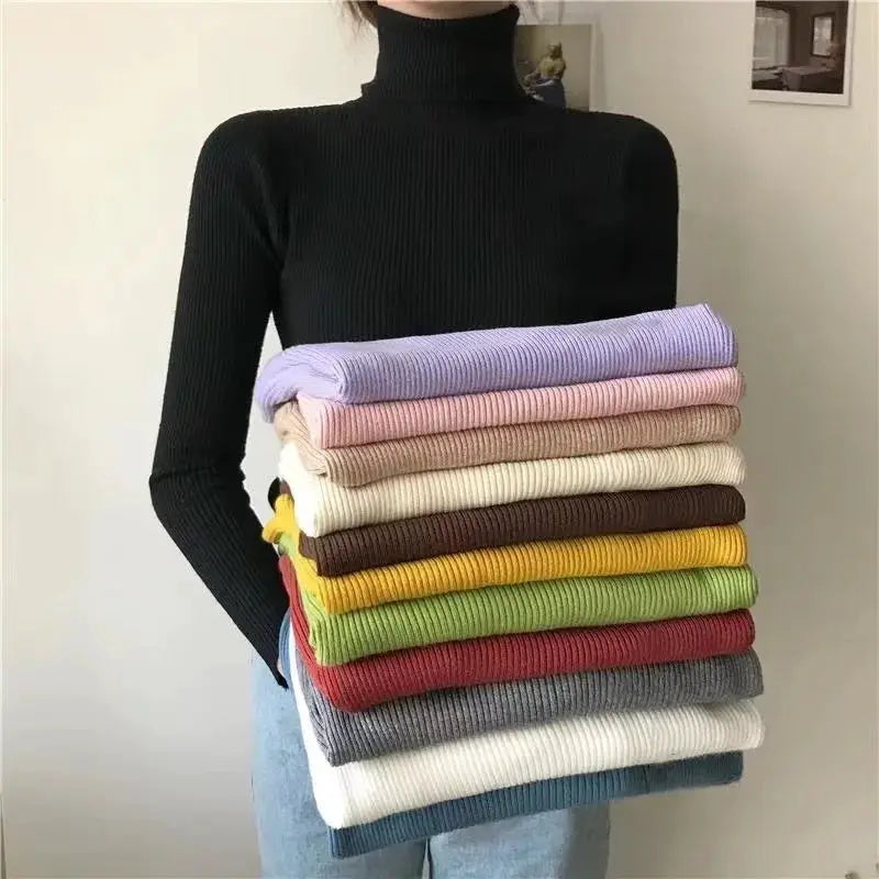 Women Turtleneck Sweater Slim Fit Elastic Knit Acrylic Cotton Blend Medium Stretch Solid Black