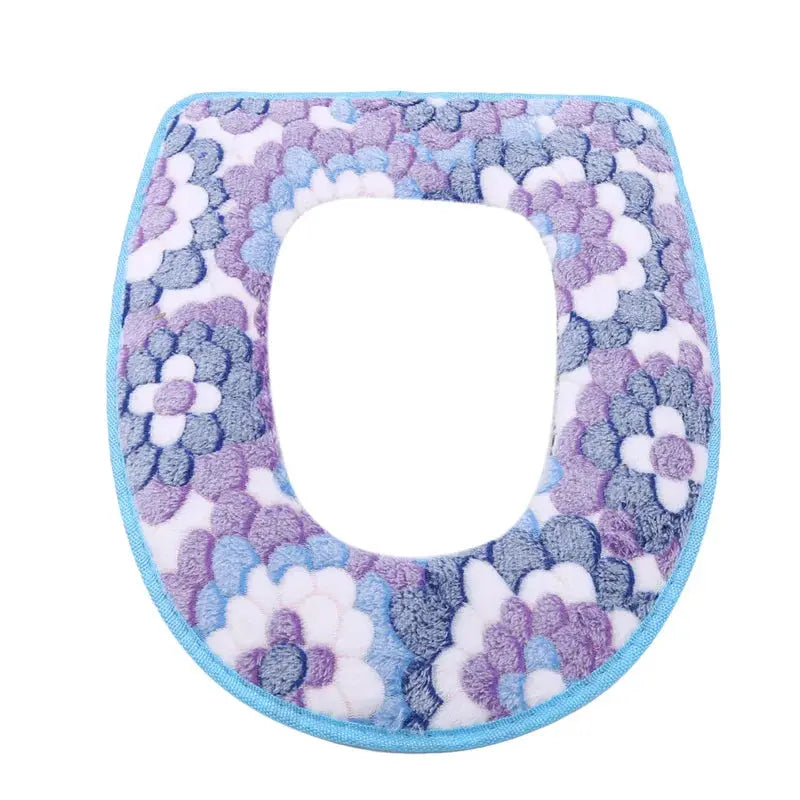Toilet seat cover plush, floral purple-blue pattern with blue border, washable universal fit