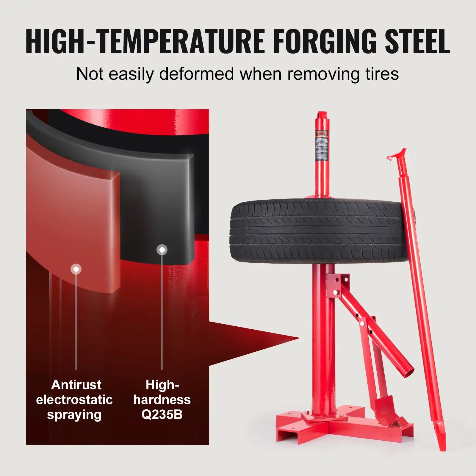 Portable manual tire changer bead breaker tool on a red mounting stand with a mounted tire