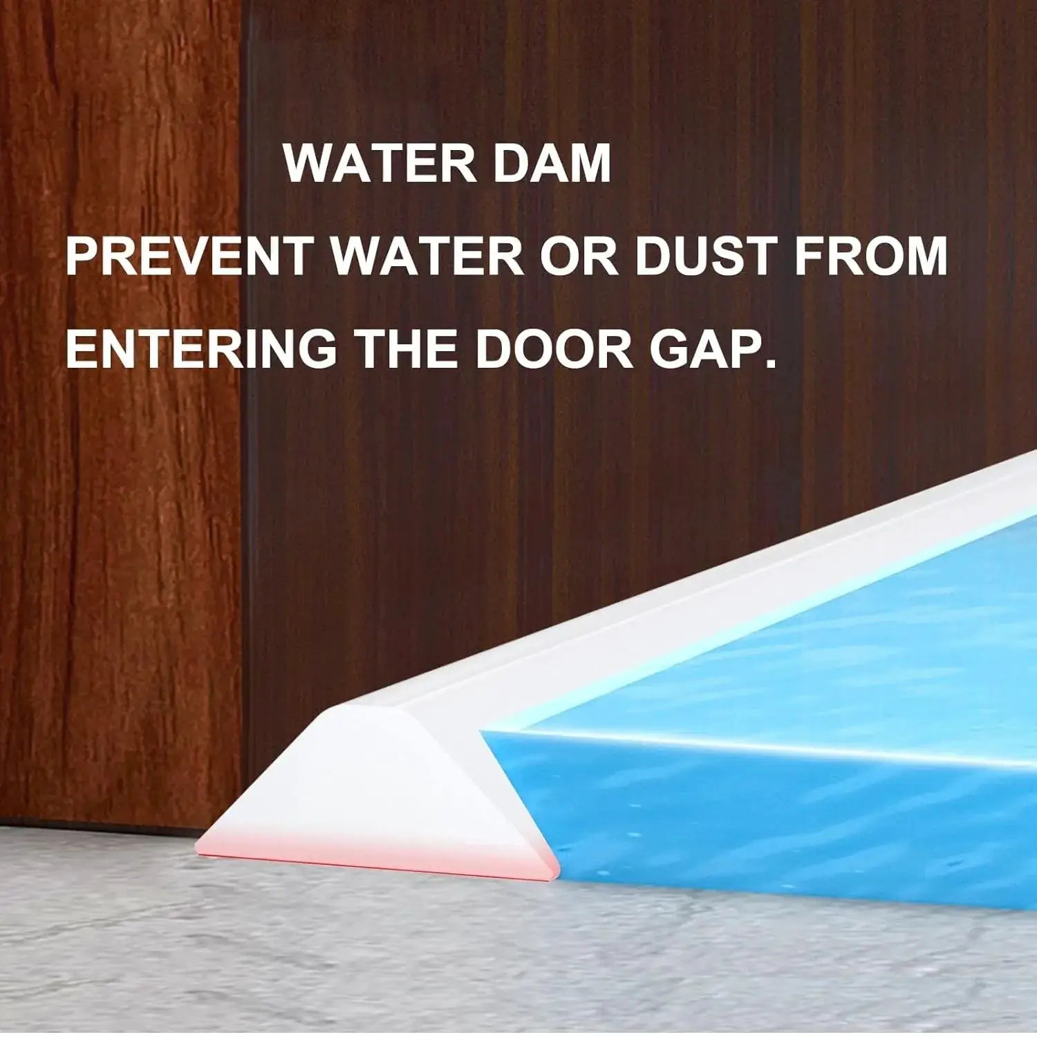 Blue collapsible shower water dam barrier with white top edge resting on tiled floor
