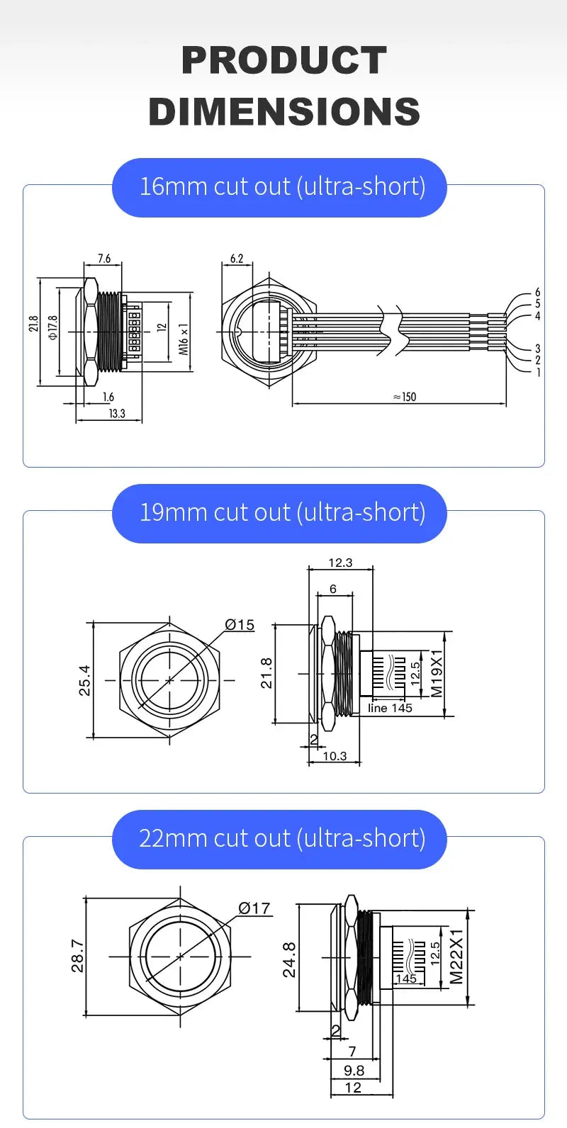 Simples Market LED metal push-button switch with wire; ultra-short cutouts 16mm, 19mm, 22mm (technical drawings)