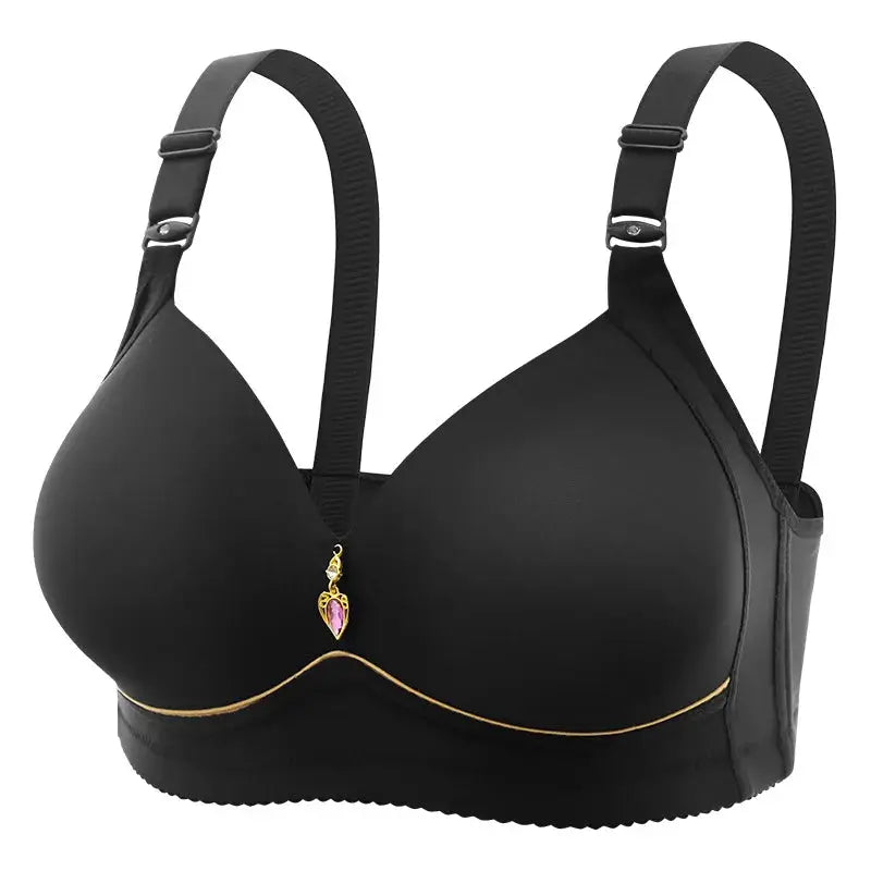 Bra by Simples Market: black wireless with molded cups, wide straps, gold trim and pink pendant