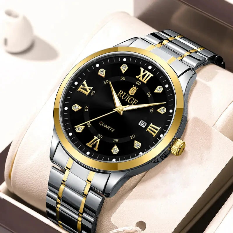 Ruige Mens Watch Minimalist Roman Dial Night Glow Water Resistant Stainless Steel Band