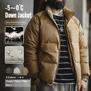 Maden Winter Down Jacket for Men by Simples Market, tan padded coat with stand-up collar and white duck down