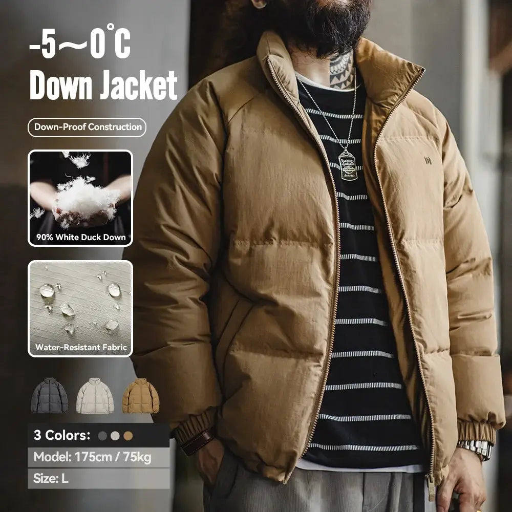 Maden Winter Down Jacket for Men by Simples Market, tan padded coat with stand-up collar and white duck down