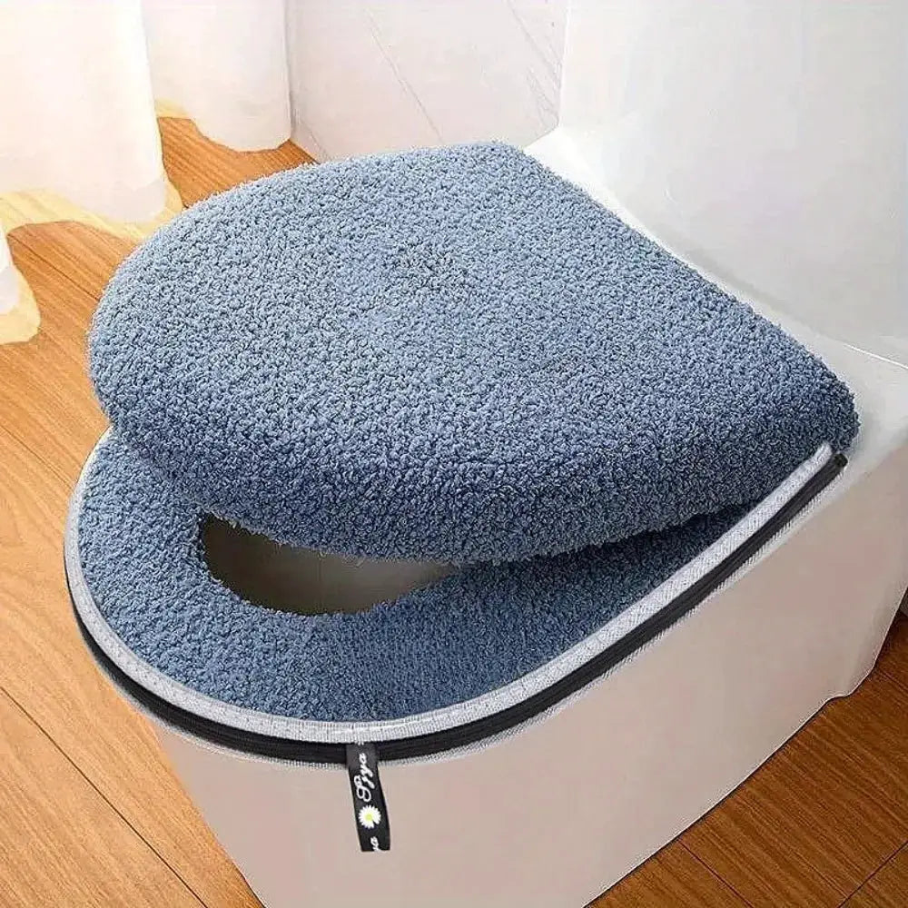 Toilet seat cushion set by Simples Market, blue plush cover with zipper, machine washable