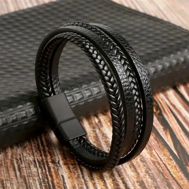 Classic Mens Leather Bracelet Hand Woven Multi Layer Style Fashion Jewelry For Men Durable Casual Accessory