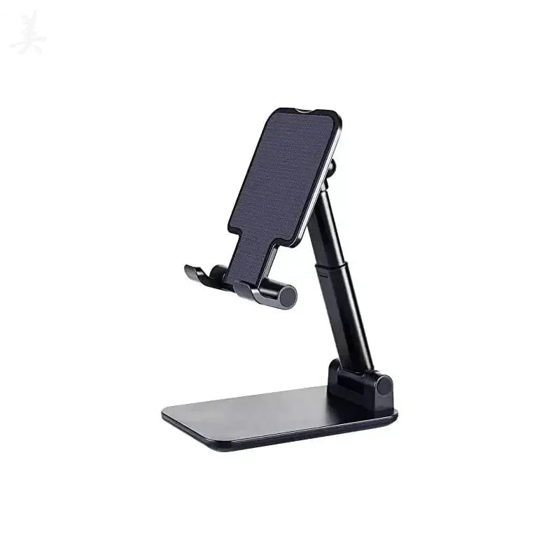 Desk phone/tablet stand by Simples Market, black adjustable arm with blue textured pad for smartphones and tablets.