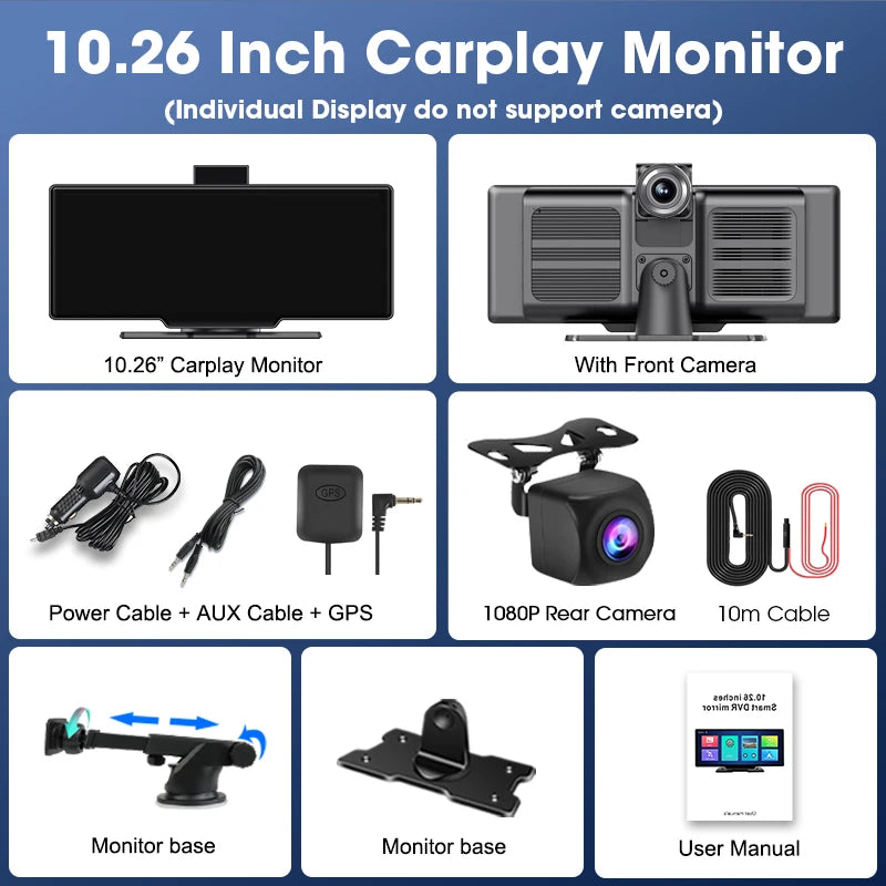 10.26 Inch Dash Cam Mirror 4K Player Wireless CarPlay Android Auto GPS