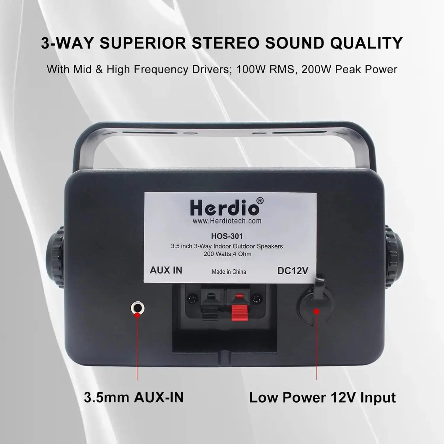 Herdio 3.5-inch outdoor black speaker, wall-mountable, back view with AUX-IN and DC12V labels