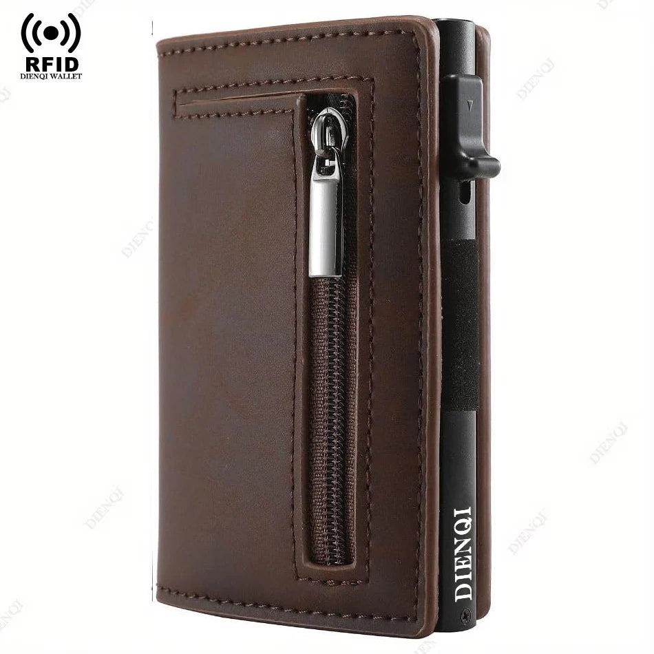 Men's RFID-blocking wallet by Simples Market, brown leather with aluminum frame and zip pocket