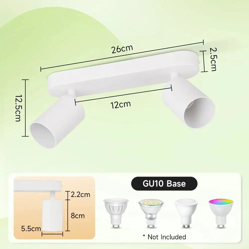 Two-head GU10 LED ceiling spotlight fixture in white, adjustable cylindrical spotlights on a slim mount.