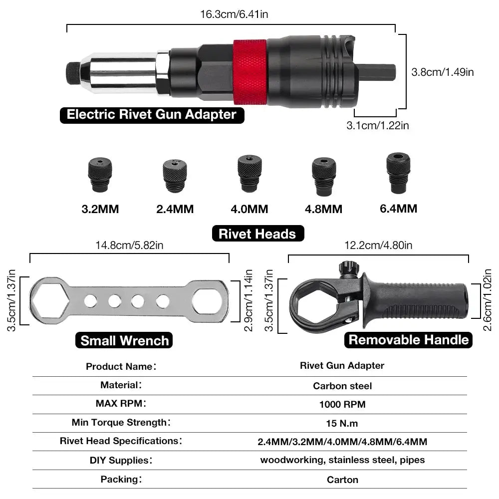 Cordless Drill Rivet Nut Tool Converter Adapter for 2.4mm 3.2mm 4.0mm 4.8mm 6.4mm Nut Inserts DIY Woodworking Metal Auto