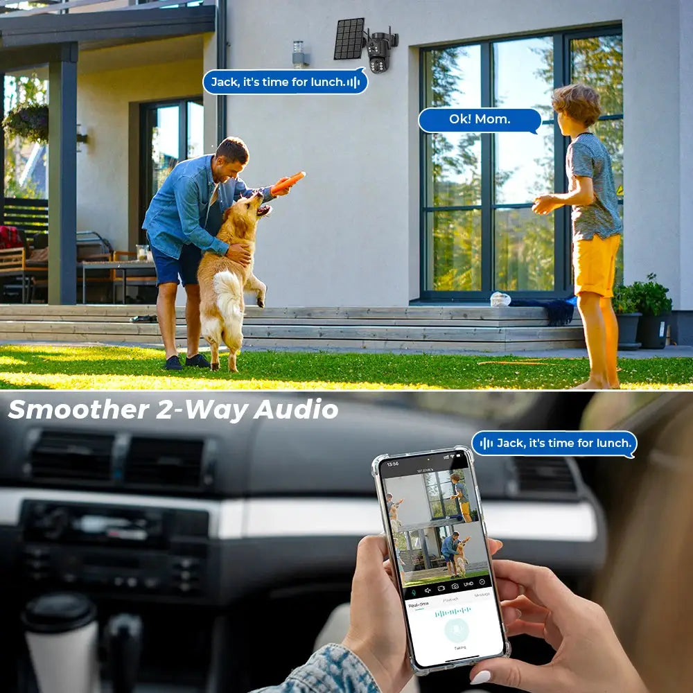 Simples Market outdoor solar WiFi security camera with dual lenses, built-in battery, two-way audio; mounted on house