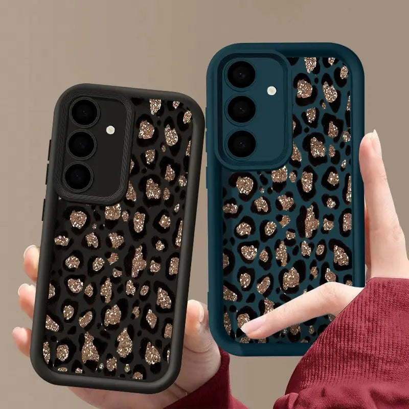 Phone case, brown leopard print TPU for Samsung Galaxy, 2-pack with black and teal edges
