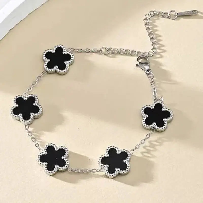 Adjustable Stainless Steel Bracelet Double Sided Five Leaf Clover Petals Gold Plated Women Fashion Jewelry