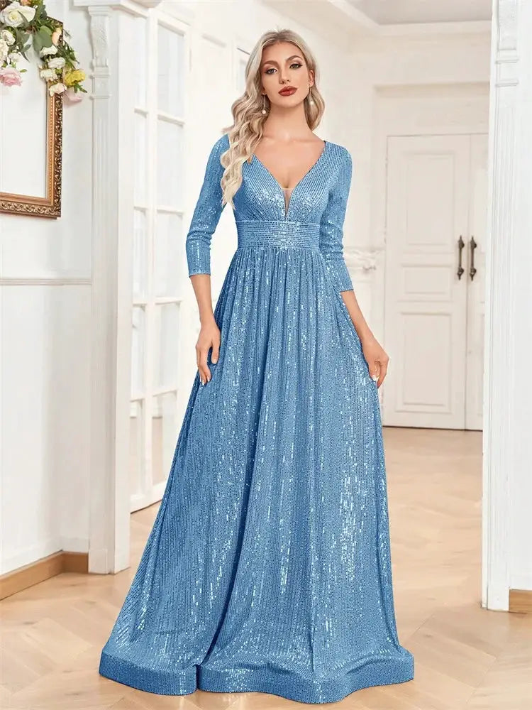 Luxury V Neck Long Sleeve Blue Sequins Formal Evening Dress Women Maxi