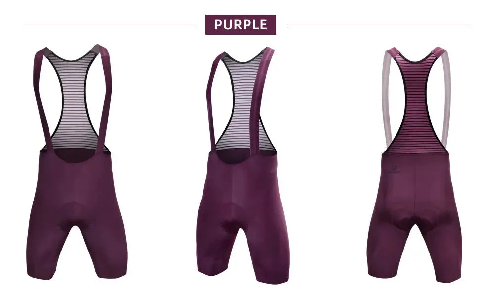 DAREVIE purple men's cycling bib shorts with striped mesh suspenders, three-view display.
