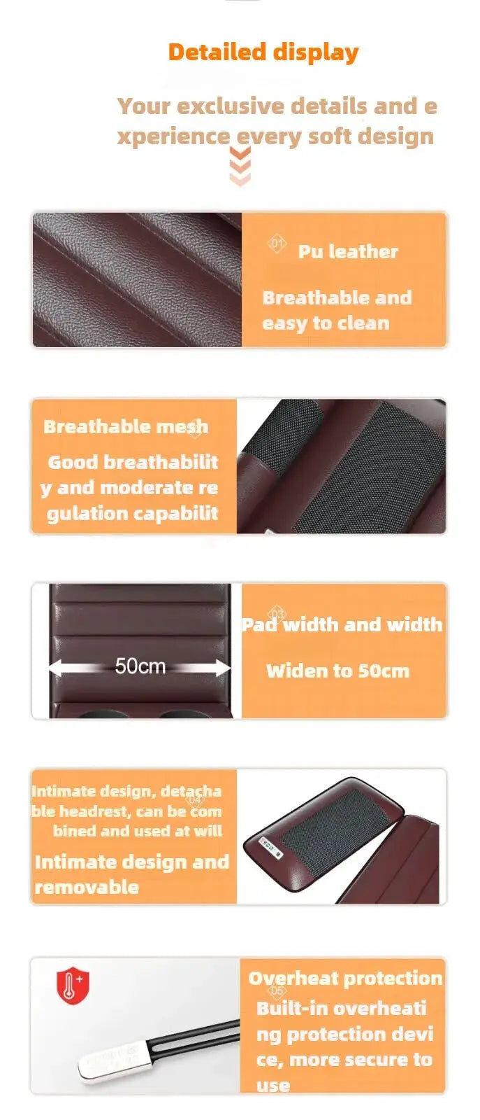 Electric full-body massage mattress by Simples Market with heating and PU leather, 50cm wide, detachable headrest