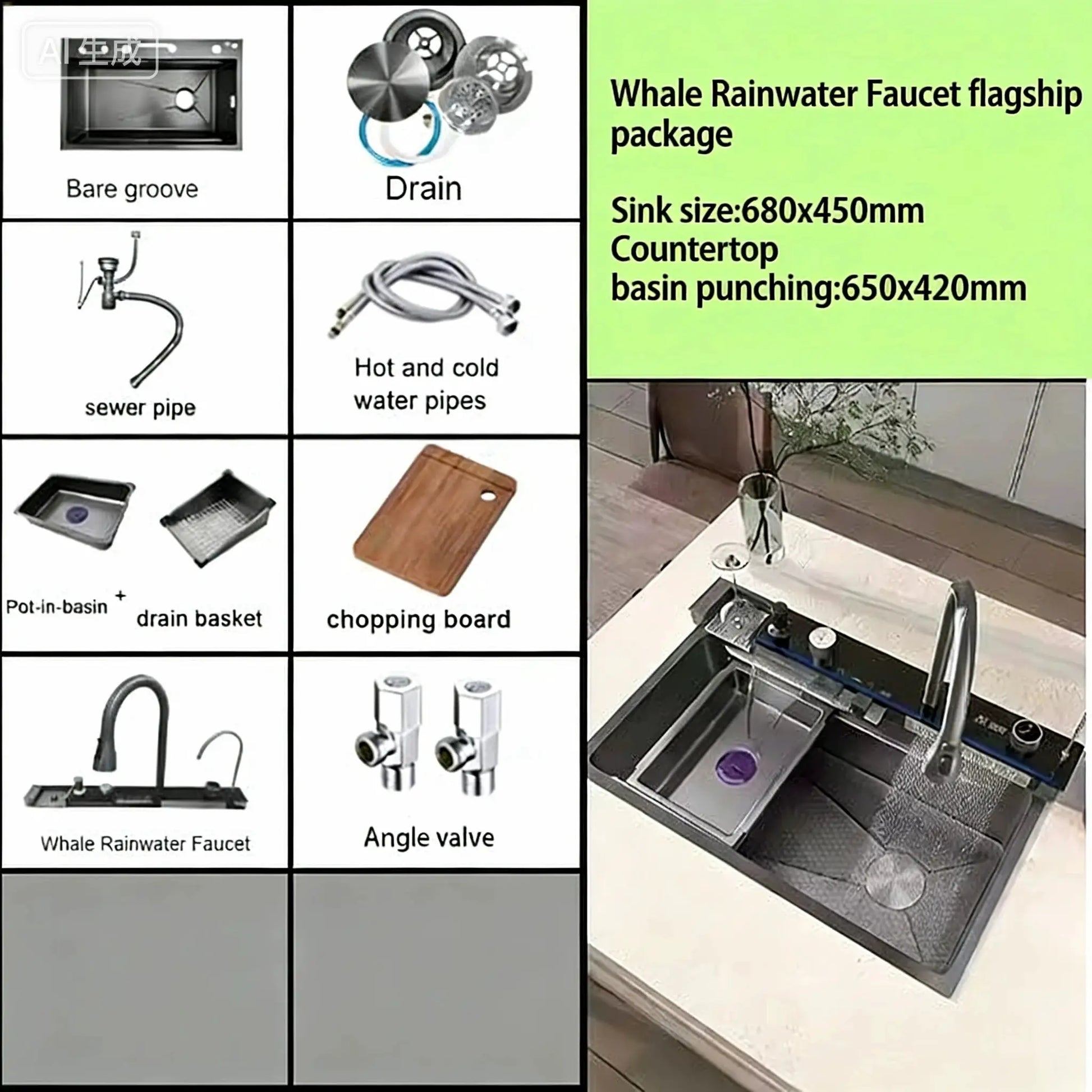 Simples Market stainless steel waterfall kitchen sink with left-side drainage and faucet set