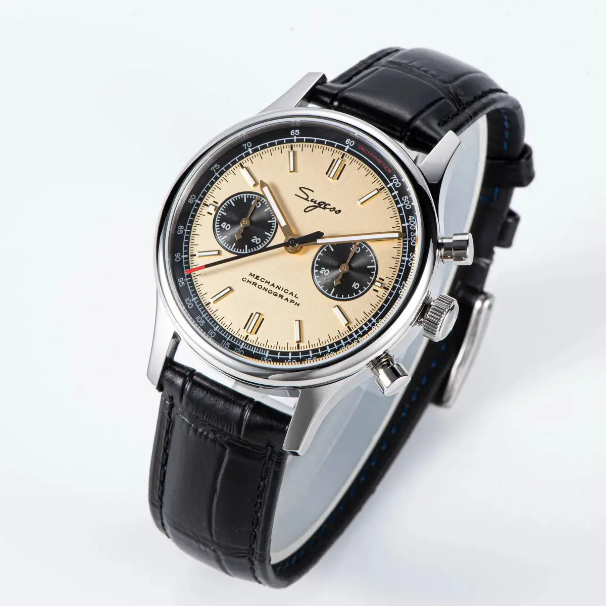 Sugess Panda chronograph watch with beige dial, black subdials, stainless steel case, and black leather strap