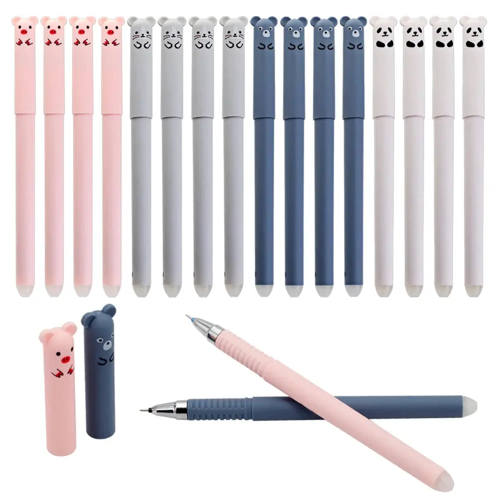 12pcs panda-themed erasable gel pens 0.5mm by Simples Market; pink, gray, blue and white with panda caps