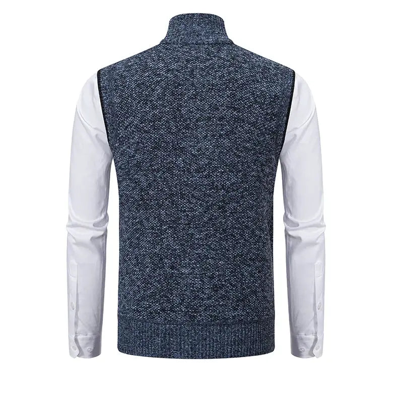 Simples Market men's navy knit sleeveless vest with stand collar over white shirt