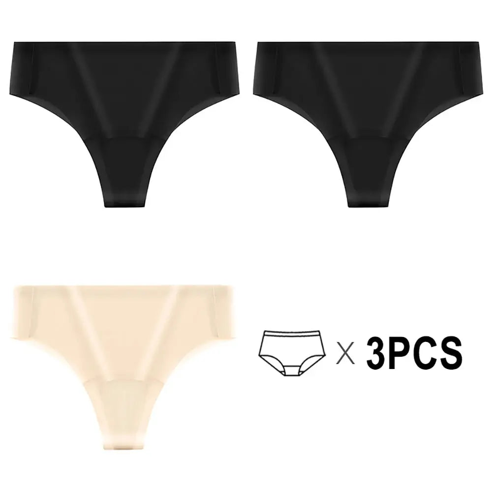 Anti cameltoe seamless thong underwear 3-piece set in black and beige