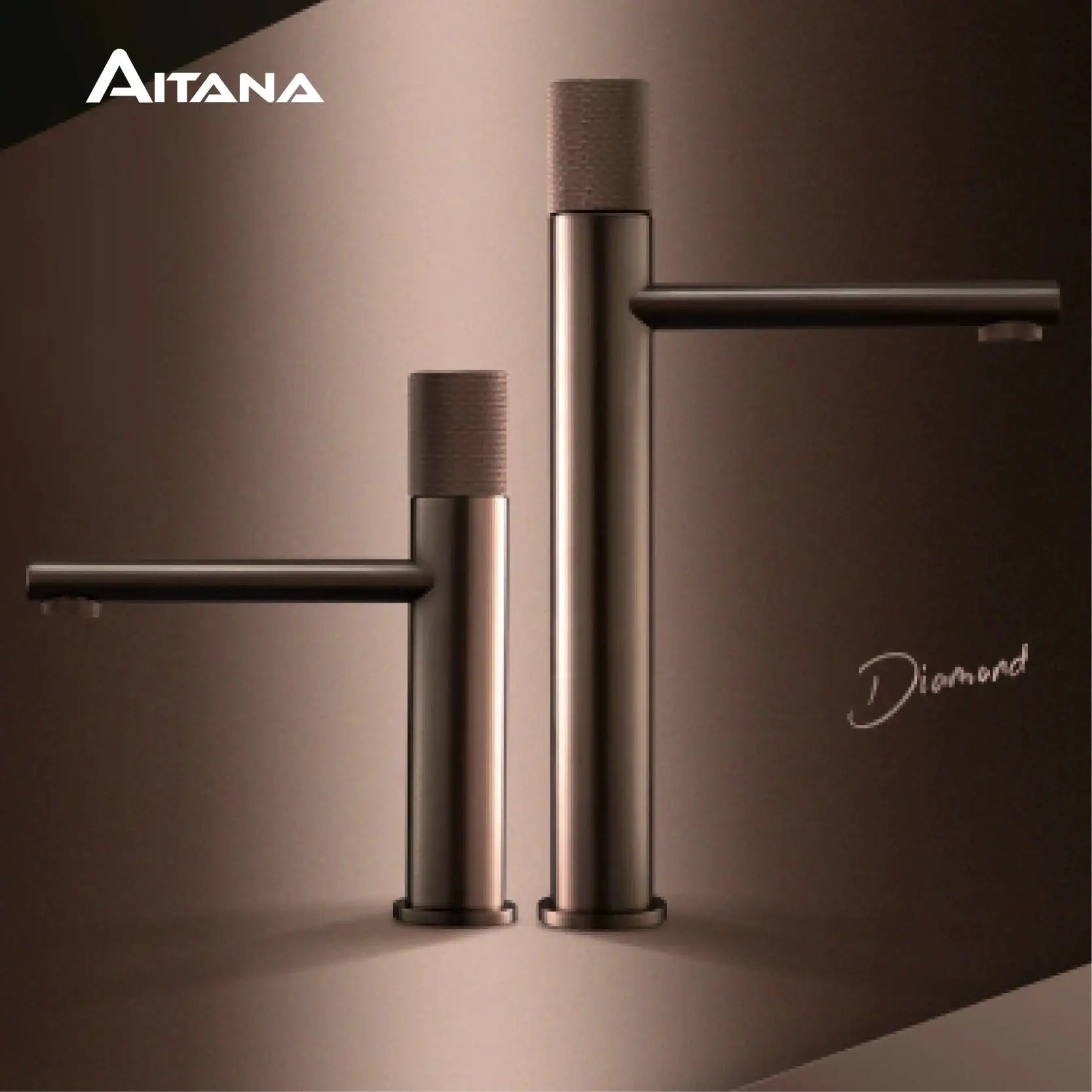 Brass-black bathroom faucet set with two tall cylindrical taps by Simples Market; Aitana logo visible.