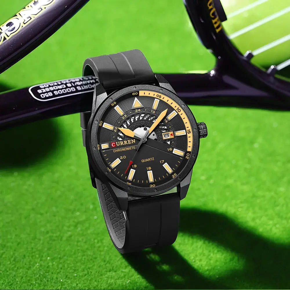 CURREN men’s watch by Simples Market, black silicone strap, black dial with gold-tone hands and markers