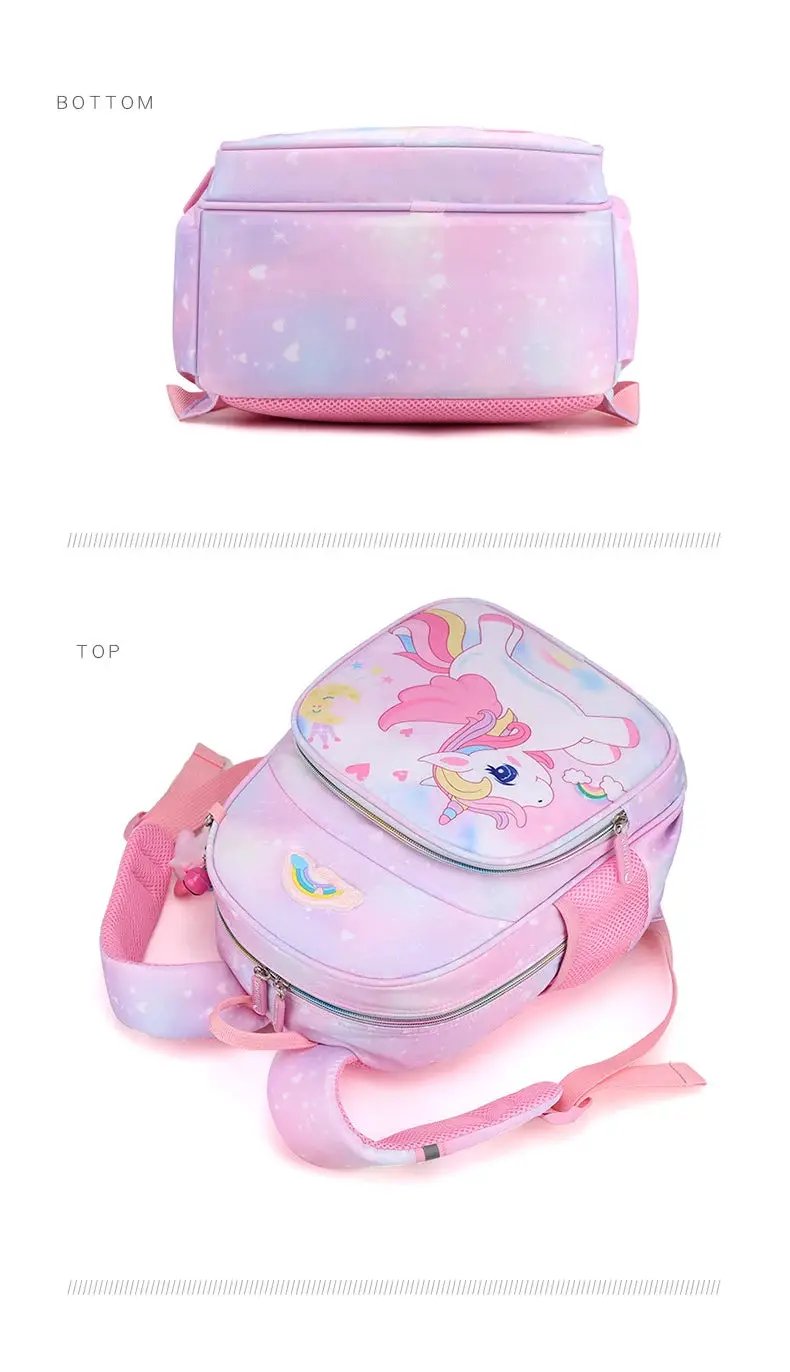 Unicorn backpack for girls by Simples Market, pastel pink-purple gradient with cartoon unicorn and pink straps