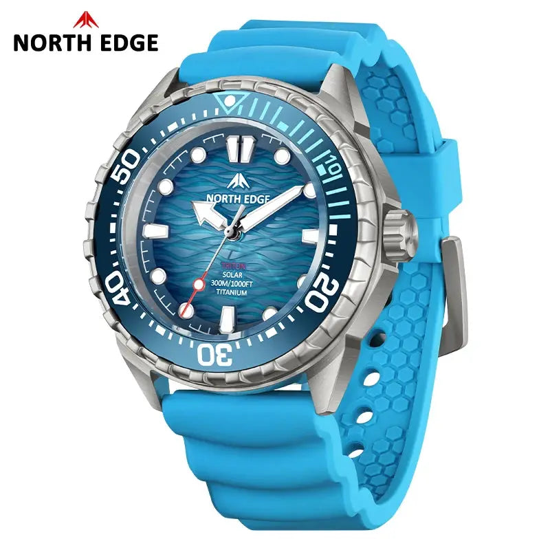 North Edge Triton-TI diving watch with blue silicone strap, blue bezel, titanium case, 300m water resistance