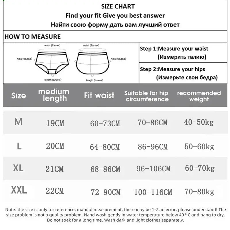 Size chart for women's low-waist boxer briefs showing waist, hip and length measurements (M–XXL)