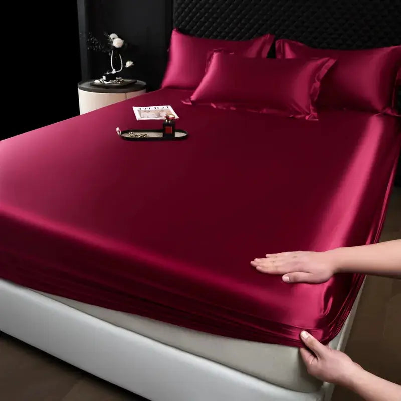 Mulberry silk fitted sheet set, 3-piece burgundy solid color with pillowcases, Simples Market