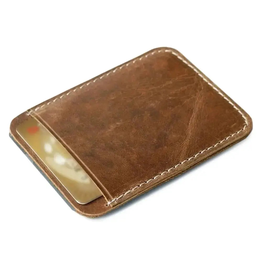 Men's brown leather money clip mini wallet with metal cash clamp and card slot