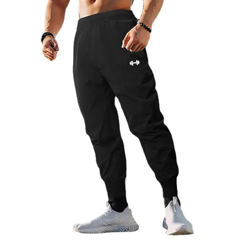 Men's gym pants, black, elastic waist, ultra-thin quick-dry fabric, high-waist long joggers.