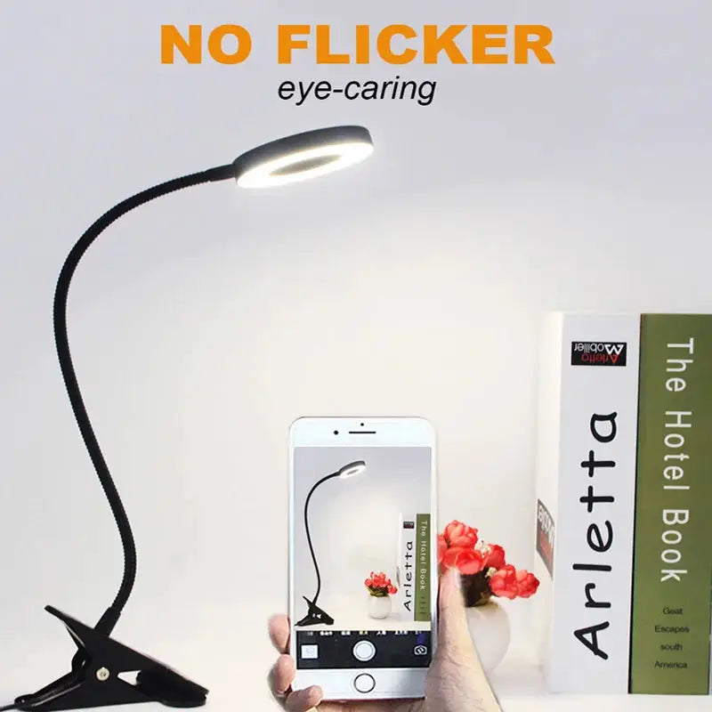 LED ring clamp lamp by Simples Market, black flexible gooseneck, USB powered, 360° rotatable