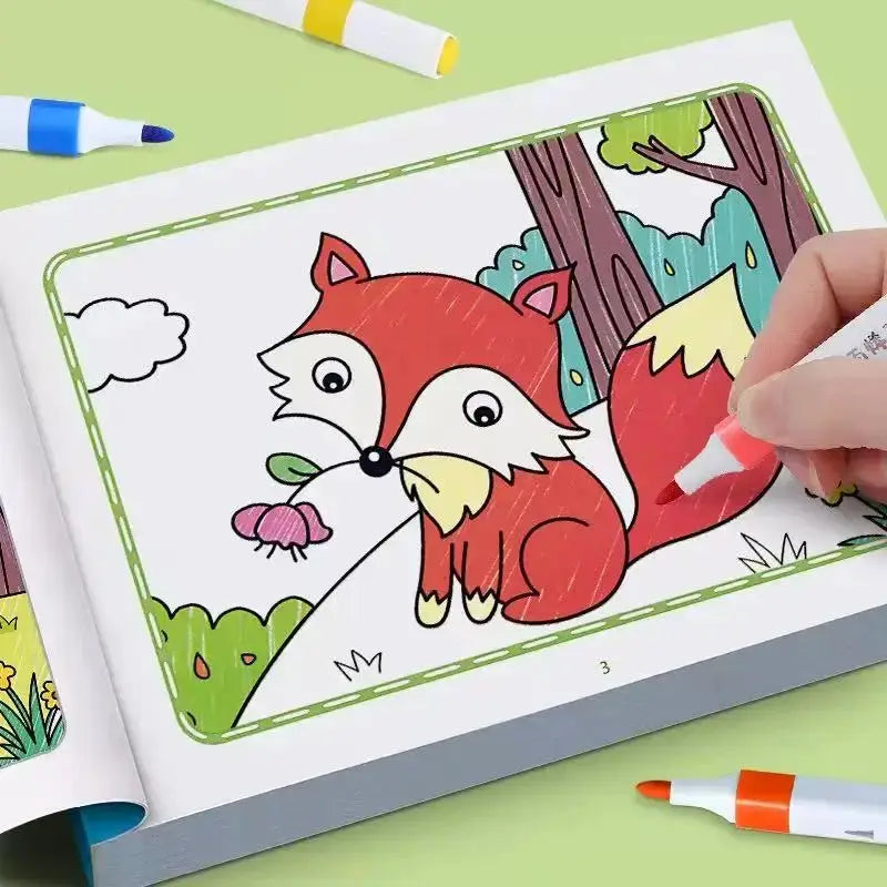 Kids coloring book page with a red fox in a forest; Simples Market animal drawing book for children