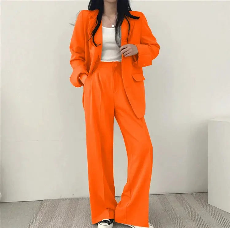 Orange 2-piece blazer and wide-leg pants set for women, casual fall outfit