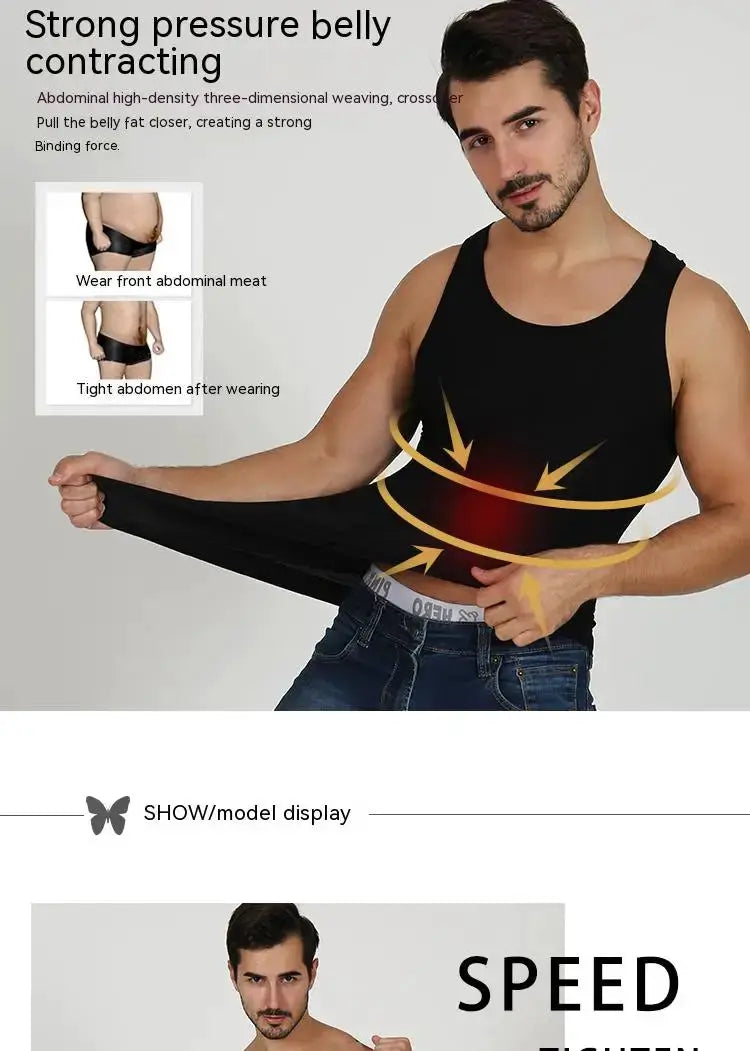 Men's black compression body shaper tank top; slimming vest with abdominal support and stretch fabric