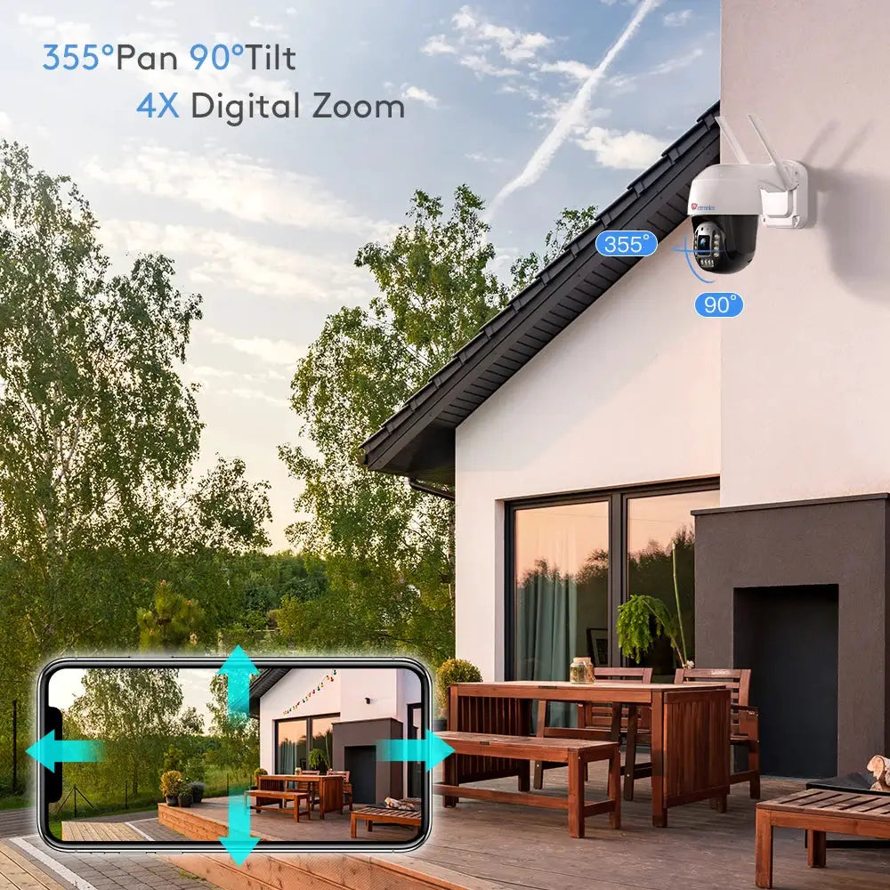 Ctronics 4K outdoor security camera with 355° pan, 90° tilt, 5G WiFi, 8MP; smartphone view