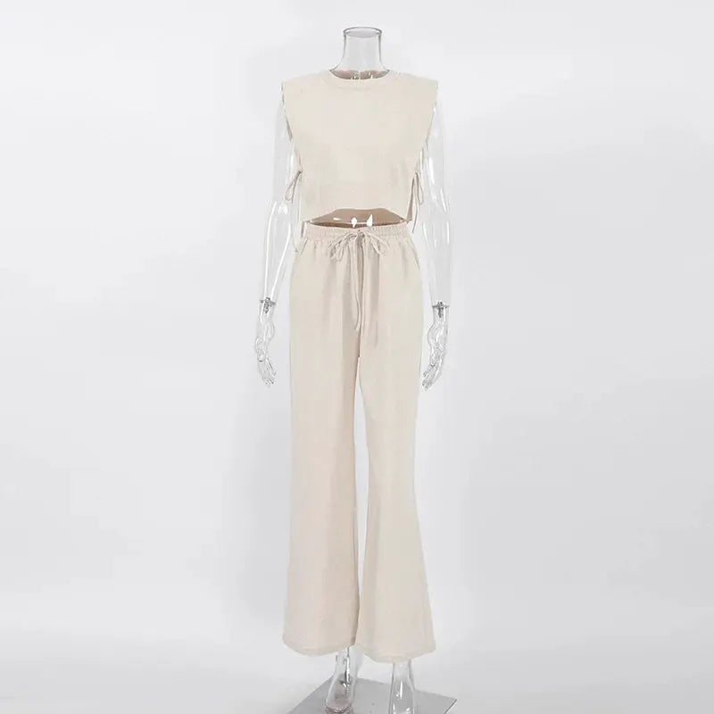 Linen Two Piece Pant Set With Crop Top For Women Spring Summer 2025