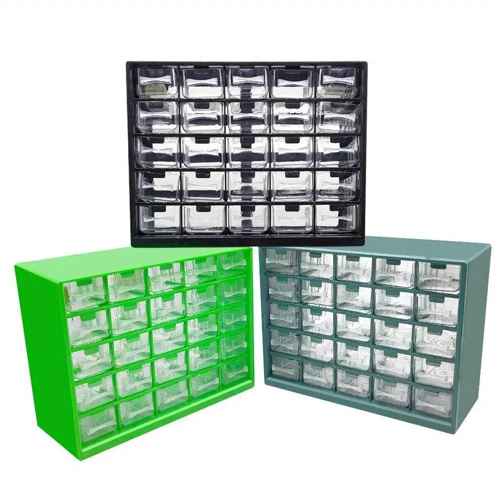 Set of three 25-grid wall-mounted drawer organizers in green, teal, and black with clear drawers