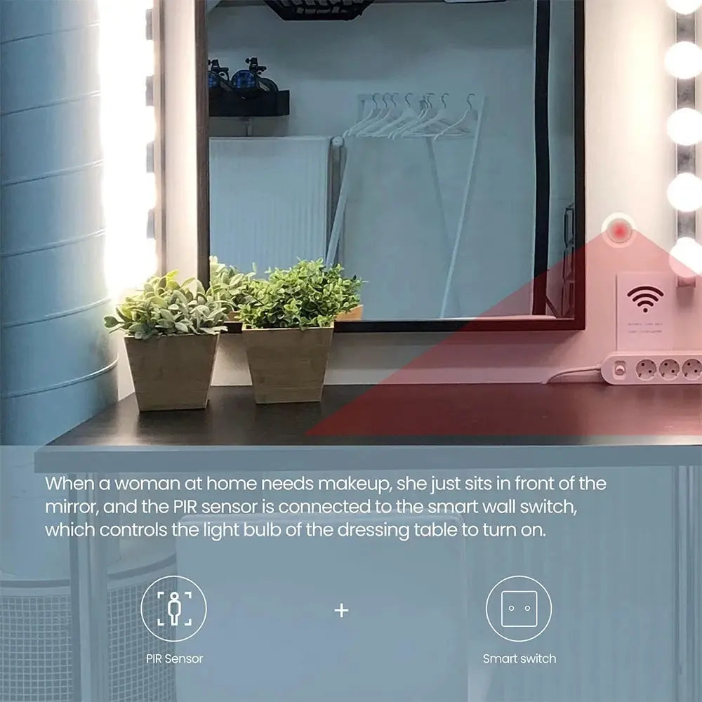 Tuya 2-in-1 Zigbee PIR motion detector + bright lux light by Simples Market, shown on a vanity mirror with LED lighting